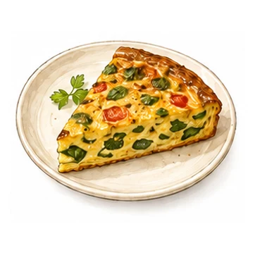 Ein Stück goldene Frittata mit grünem Gemüse und Tomaten auf einem Teller