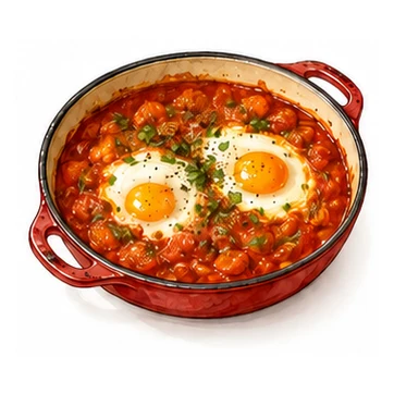 Eier in einer roten Tomaten-Paprika-Sauce in einer Pfanne