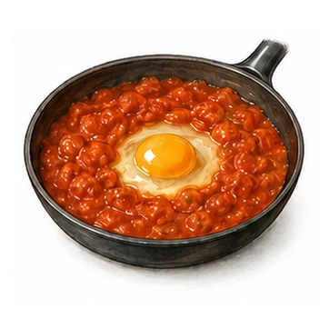 Eine Pfanne mit einem Ei in roter Tomatensauce zeigt das fertige Pfannengericht