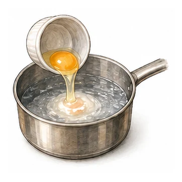 Ein Ei gleitet aus einer Tasse in sanft siedendes Wasser zum Pochieren